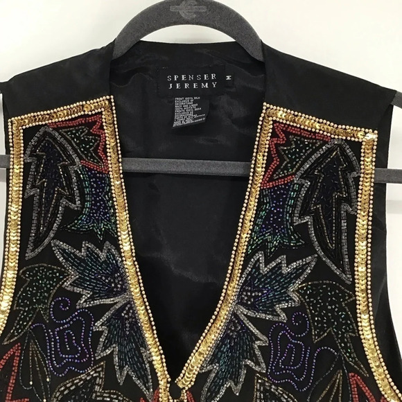 Spenser Jeremy Vintage 90’s Floral Beaded Sequin Embellished Silk Vest Size M - Picture 3 of 6